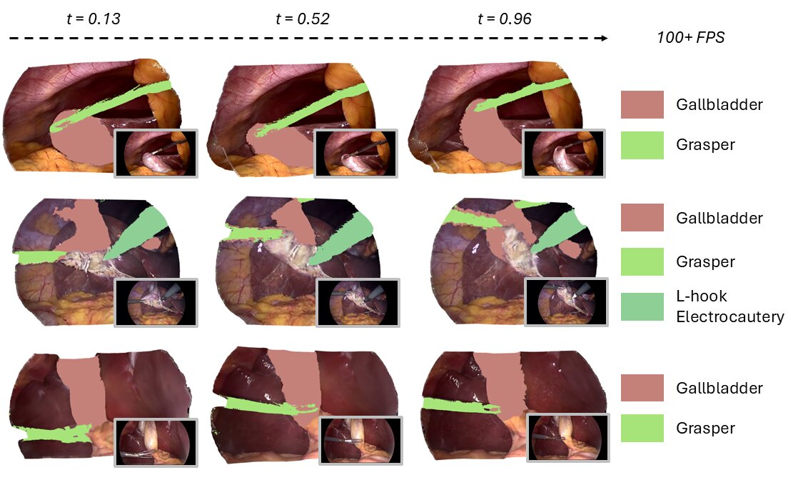 SurgTPGS++ showcase of consistent 3D text-promptable segmentation in a dynamic surgical scene.