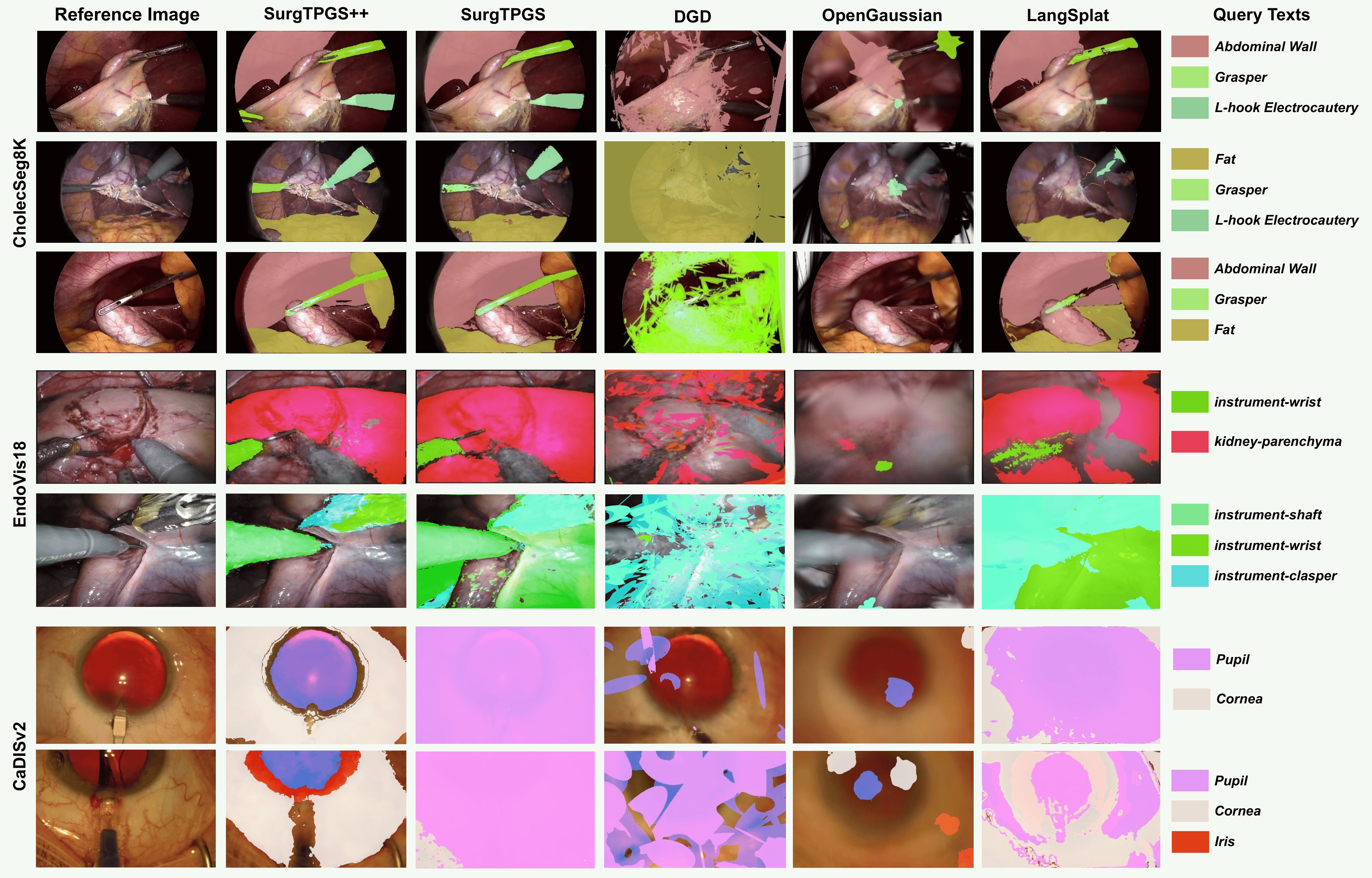 Qualitative comparison of text-promptable segmentation results across surgical datasets.